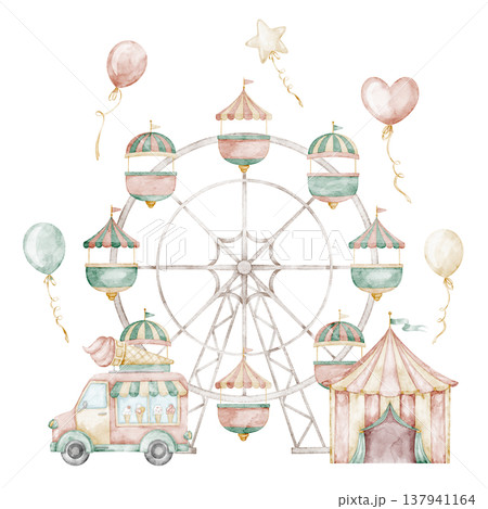 Watercolor illustration of Ferris Wheel with pastel balloons, carnival tent and cream truck. Art of Amusement park in gentle children style for nursery poster, baby invitations and cards, party design 137941164