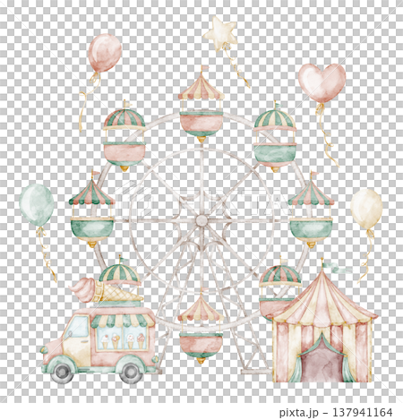 Watercolor illustration of Ferris Wheel with pastel balloons, carnival tent and cream truck. Art of Amusement park in gentle children style for nursery poster, baby invitations and cards, party design 137941164