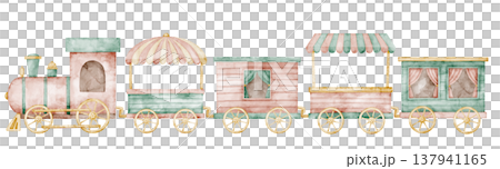 Vintage toy Train with wagons watercolor illustration of in pastel colors. Art of locomotive in cute children style for nursery posters, baby shower invitations, kids greeting cards, party designs. Vintage toy Train with wagons watercolor illustration of in pastel colors. Art of locomotive in cute children style for nursery posters, baby shower invitations, kids greeting cards, party designs. 137941165