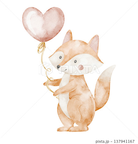 Watercolor Fox character holding a balloon, painted in soft pastel tones. Cute woodland animal illustration for children projects, nursery posters, greeting cards, baby shower invitations. 137941167