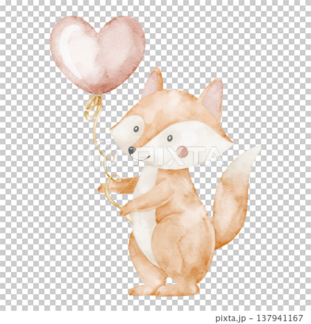 Watercolor Fox character holding a balloon, painted in soft pastel tones. Cute woodland animal illustration for children projects, nursery posters, greeting cards, baby shower invitations. 137941167