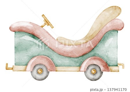 Carnival car watercolor illustration in pastel vintage style. Art of Fair Ride for Amusement park scenes, funfair designs, children design. Clipart of retro transport for nostalgic attraction theme. 137941170