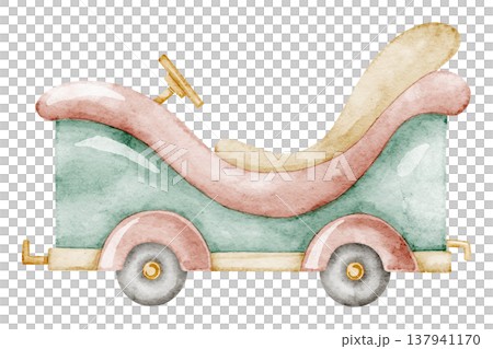 Carnival car watercolor illustration in pastel vintage style. Art of Fair Ride for Amusement park scenes, funfair designs, children design. Clipart of retro transport for nostalgic attraction theme. Carnival car watercolor illustration in pastel vintage style. Art of Fair Ride for Amusement park scenes, funfair designs, children design. Clipart of retro transport for nostalgic attraction theme. 137941170