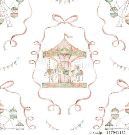 Amusement park seamless watercolor pattern with...のイラスト素材 [137941181 ...