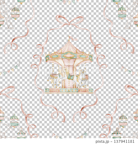 Amusement park seamless watercolor pattern with Ferris wheel and Carousel in gentle pastel colors. Background with carnival elements for nursery wallpaper, kids textiles, wrapping paper. 137941181