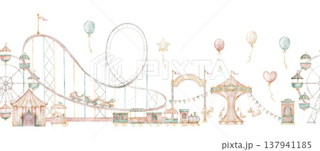 Watercolor seamless Border with Amusement park rides, carousel, Ferris wheel, roller coaster, tents and balloons. Kids banners with fair for nursery and party design, baby invitations and greetings. 137941185