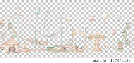 Watercolor seamless Border with Amusement park rides, carousel, Ferris wheel, roller coaster, tents and balloons. Kids banners with fair for nursery and party design, baby invitations and greetings. 137941185