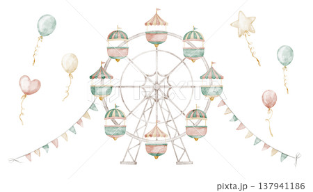 Ferris wheel watercolor illustration with garlands and balloons in soft pastel colors. Vintage amusement park attraction for children designs, nursery posters, baby shower party invitations. Ferris wheel watercolor illustration with garlands and balloons in soft pastel colors. Vintage amusement park attraction for children designs, nursery posters, baby shower party invitations. 137941186