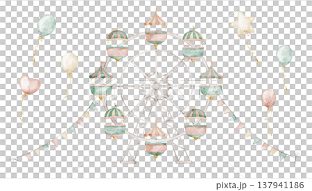 Ferris wheel watercolor illustration with garlands and balloons in soft pastel colors. Vintage amusement park attraction for children designs, nursery posters, baby shower party invitations. Ferris wheel watercolor illustration with garlands and balloons in soft pastel colors. Vintage amusement park attraction for children designs, nursery posters, baby shower party invitations. 137941186