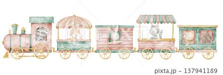 Animals riding a train watercolor illustration in pastel colors. Cute transport for baby shower invitations, children party greeting cads, nursery posters and amusement park compositions. Animals riding a train watercolor illustration in pastel colors. Cute transport for baby shower invitations, children party greeting cads, nursery posters and amusement park compositions. 137941189