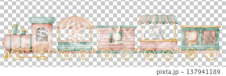 Animals riding a train watercolor illustration in pastel colors. Cute transport for baby shower invitations, children party greeting cads, nursery posters and amusement park compositions. Animals riding a train watercolor illustration in pastel colors. Cute transport for baby shower invitations, children party greeting cads, nursery posters and amusement park compositions. 137941189