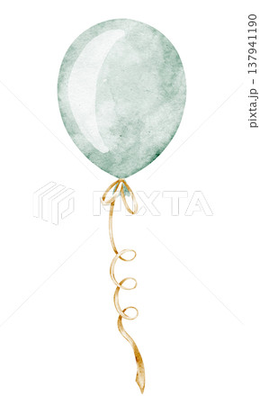 Balloon watercolor illustration in pastel green colors with golden ribbon. Art for childish Birthday greeting cards and Baby shower invitations. Element for nursery decor, posters and kids party. 137941190