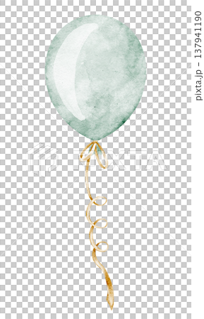 Balloon watercolor illustration in pastel green colors with golden ribbon. Art for childish Birthday greeting cards and Baby shower invitations. Element for nursery decor, posters and kids party. 137941190