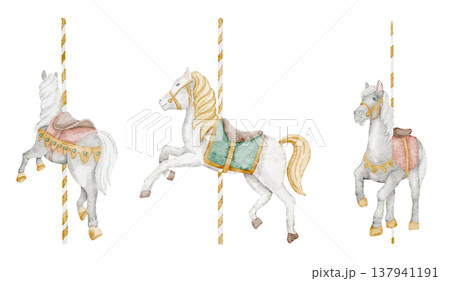 Carousel Horse watercolor illustration in classic vintage style. Attraction for amusement park and funfair design, nursery decor, childish party greeting cards and nostalgic baby shower invitations. 137941191