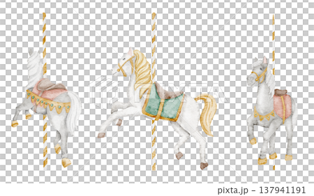 Carousel Horse watercolor illustration in classic vintage style. Attraction for amusement park and funfair design, nursery decor, childish party greeting cards and nostalgic baby shower invitations. 137941191
