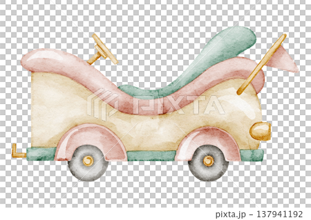Carnival car watercolor illustration in pastel vintage style. Art of Fair Ride for Amusement park scenes, funfair designs, children design. Clipart of retro transport for nostalgic attraction theme. Carnival car watercolor illustration in pastel vintage style. Art of Fair Ride for Amusement park scenes, funfair designs, children design. Clipart of retro transport for nostalgic attraction theme. 137941192