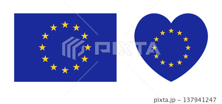 European Union heart, rectangular flag icons set. Flag of EU, yellow stars on blue heart shaped, rectangle stickers. European Union flag push button, badge, background. European Union heart, rectangular flag icons set. Flag of EU, yellow stars on blue heart shaped, rectangle stickers. European Union flag push button, badge, background. 137941247