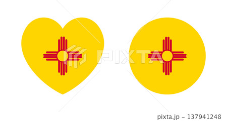 New Mexico flag heart shaped, circle icons, badges set. New Mexico state round, heart flag templates, stickers. Flag banner, background, push button, design element.  137941248