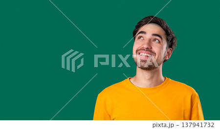 Thinking Man Looking Up, Searching Opportunity On Green Background. Curious 137941732