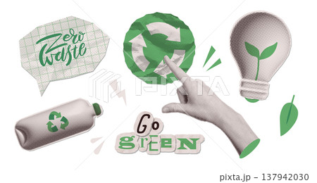 Go green and recycling vintage collage set. Halftone plastic bottle, green energy lightbulb and paper cut text zero waste. Sustainable environment and retro ecology concept vector elements Go green and recycling vintage collage set. Halftone plastic bottle, green energy lightbulb and paper cut text zero waste. Sustainable environment and retro ecology concept vector elements 137942030