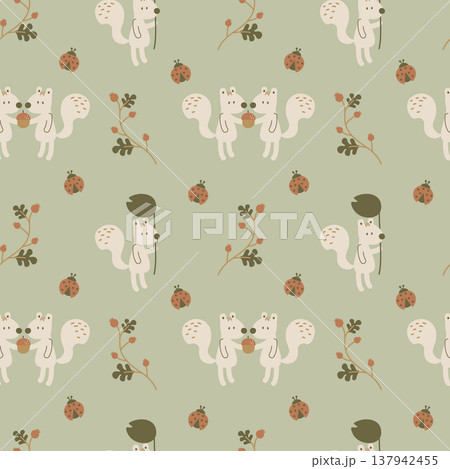 seamless minimal Cute squirrel with leaves and ladybug , Pastel Nursery repeat pattern background, flat jpg illustration graphic design seamless minimal Cute squirrel with leaves and ladybug , Pastel Nursery repeat pattern background, flat jpg illustration graphic design 137942455