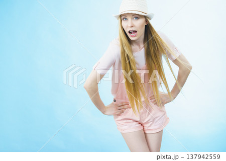 Shocked woman wearing summer outfit 137942559