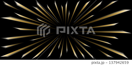 Golden light rays burst from center with radial lines creating dynamic speed effect and neon glow on dark background with sparkling beams 137942659