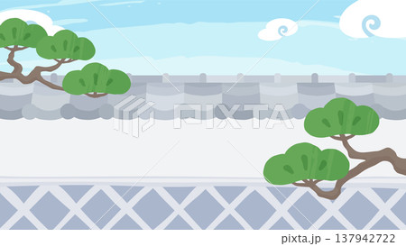 かわいいなまこ壁と瓦屋根の塀の背景イラスト_松_16:9 137942722