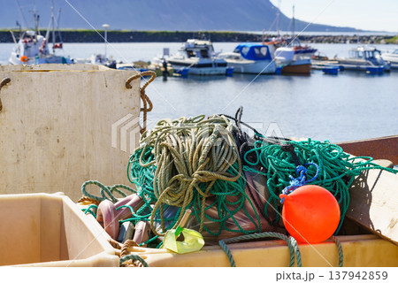 Old port fishing equipment on pier, Hovsund Norway 137942859
