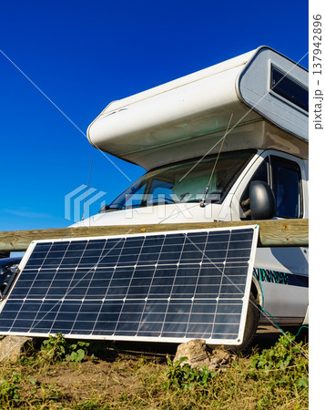 Solar photovoltaic panel at camper caravan 137942896