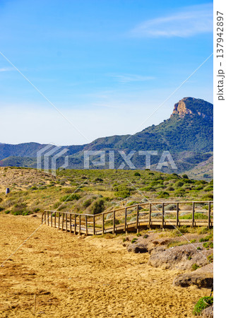 Beach with wooden path to sea water. 137942897