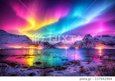 フィヨルドに浮かぶオーロラ 137942994