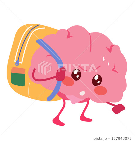 Brain Mascot Carrying Heavy Backpack Stress and Mental Load Concept Brain Mascot Carrying Heavy Backpack Stress and Mental Load Concept 137943073