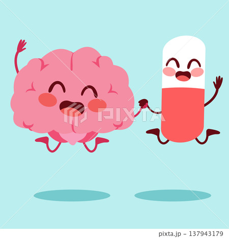 Happy Brain and Medicine Pill Mascots Jumping Drug Therapy Concept Happy Brain and Medicine Pill Mascots Jumping Drug Therapy Concept 137943179