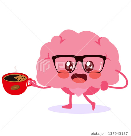 Nerd Brain with Coffee Cup Morning Wake Up Concept Cartoon Vector Illustration 137943187