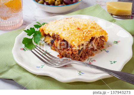 Greek dish moussaka, baked eggplant with minced meat, with bechamel sauce, home cooking, 137943273