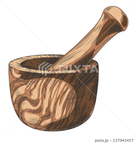 Wooden mortar and pestle sketch, pounder and herb grind mixture preparation hand drawn vector illustration Wooden mortar and pestle sketch, pounder and herb grind mixture preparation hand drawn vector illustration 137943457