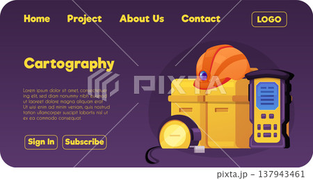 Cartography landing page vector flat design, tester instrument, surveyors and civil engineers devices geodetic equipment 137943461