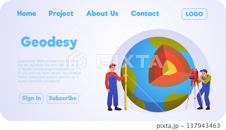 Geodesy landing page vector flat design, surveyors using theodolite and leveling rod, Earth globe in cross section 137943463