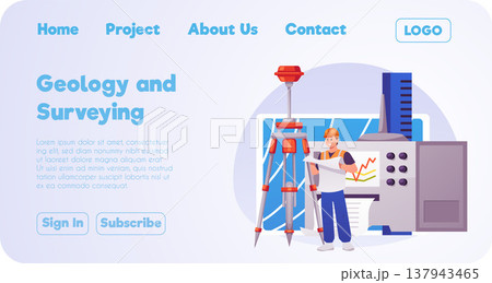 Geology and surveying landing page vector design, theodolite tripod, seismograph, surveyor with map, geodetic equipment 137943465