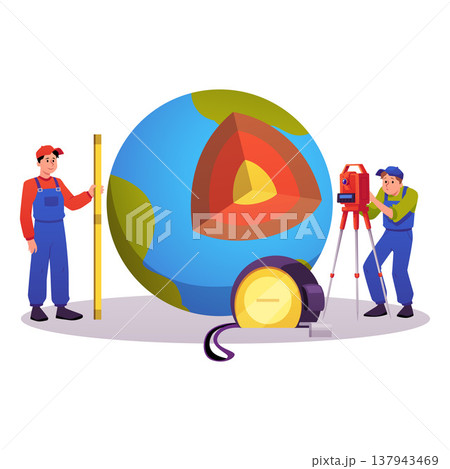 Surveyor civil engineers using measuring equipment theodolite and leveling rod, Earth globe in cross section flat vector Surveyor civil engineers using measuring equipment theodolite and leveling rod, Earth globe in cross section flat vector 137943469