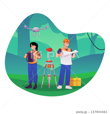 Surveyors working in a forested area with a total station on a tripod, a drone, and a paper plan. Surveyors working in a forested area with a total station on a tripod, a drone, and a paper plan. 137943481