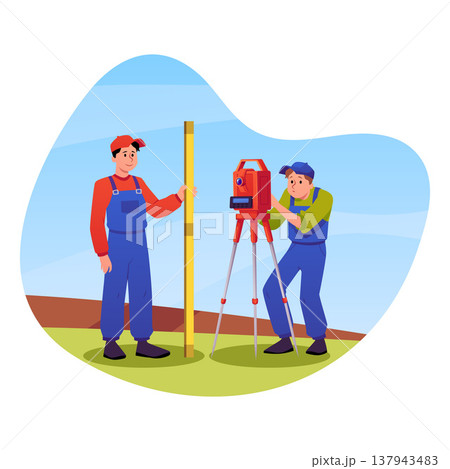 Surveyors civil engineers using measuring theodolite on tripod, vector geodesy workers measuring on field land isolated 137943483