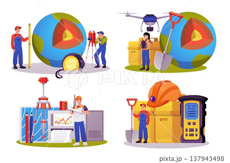 A set of surveyors with equipment, planet Earth, a shovel, a hard hat, and a total station. 137943498