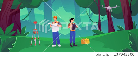 Surveyors using geodetic equipment, map, theodolite on tripod in the forest, vector flat geodesists measurements, drone 137943500