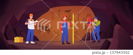 Surveyors civil engineers using measuring equipment, map, theodolite and leveling rod in the ancient cave flat vector Surveyors civil engineers using measuring equipment, map, theodolite and leveling rod in the ancient cave flat vector 137943502