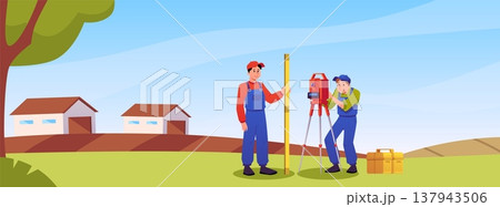 Surveyors civil engineers measuring theodolite on tripod, vector geodesy workers with topographic tools on field land 137943506
