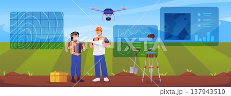 Surveyors using geodetic equipment, map, theodolite on tripod in the field, vector flat geodesists measurements, drone 137943510