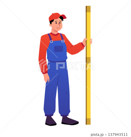 Surveyor man holding leveling rod equipment, geodesy worker engineer makes construction measurement flat vector isolated 137943511