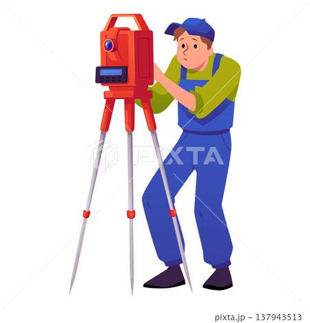 Surveyor civil engineer use theodolite on tripod, equipment surveying camera, vector flat engineer makes measurements 137943513